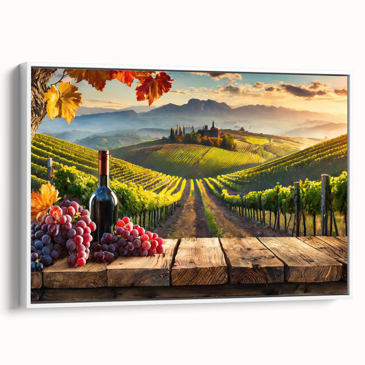 Framed canvas wall art showcasing a serene vineyard landscape design, featuring lush green vines and rolling hills, ideal for home decor accentuating natural beauty.