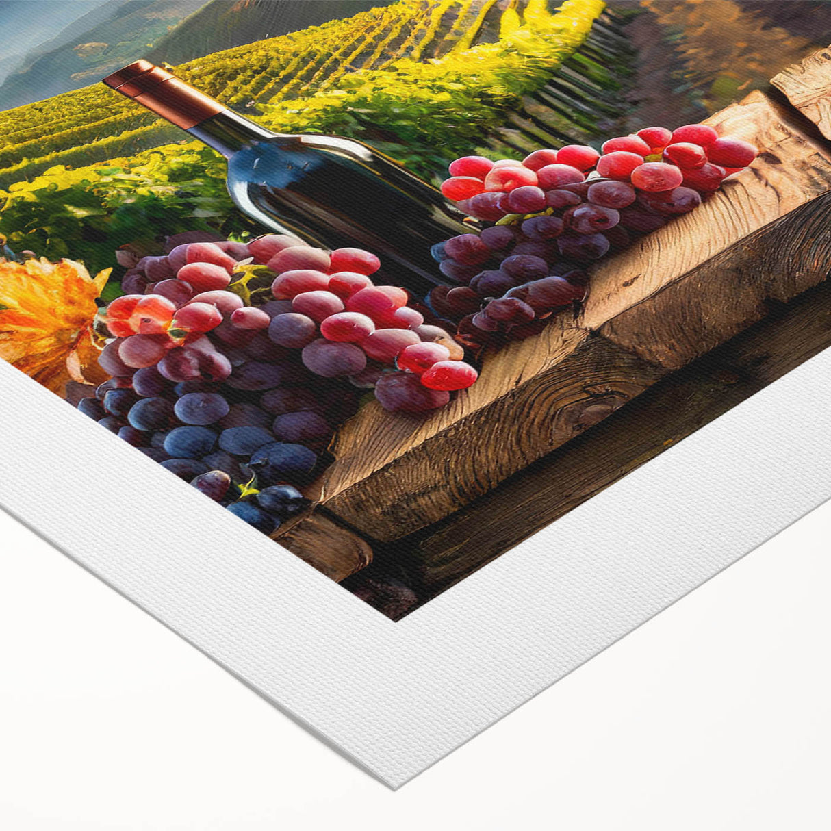 Rolled canvas print showcasing a vibrant vineyard landscape design, featuring lush green grapevines and rolling hills, ideal for enhancing home decor.