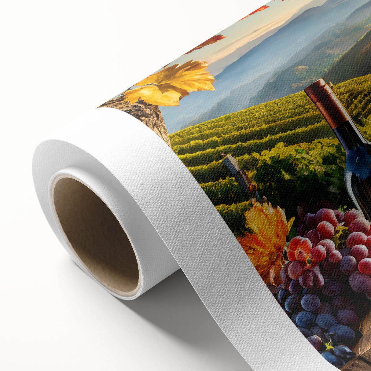 Vibrant vineyard landscape artwork on rolled canvas, showcasing lush green vines and rolling hills under a clear blue sky, ideal for home decor enthusiasts.
