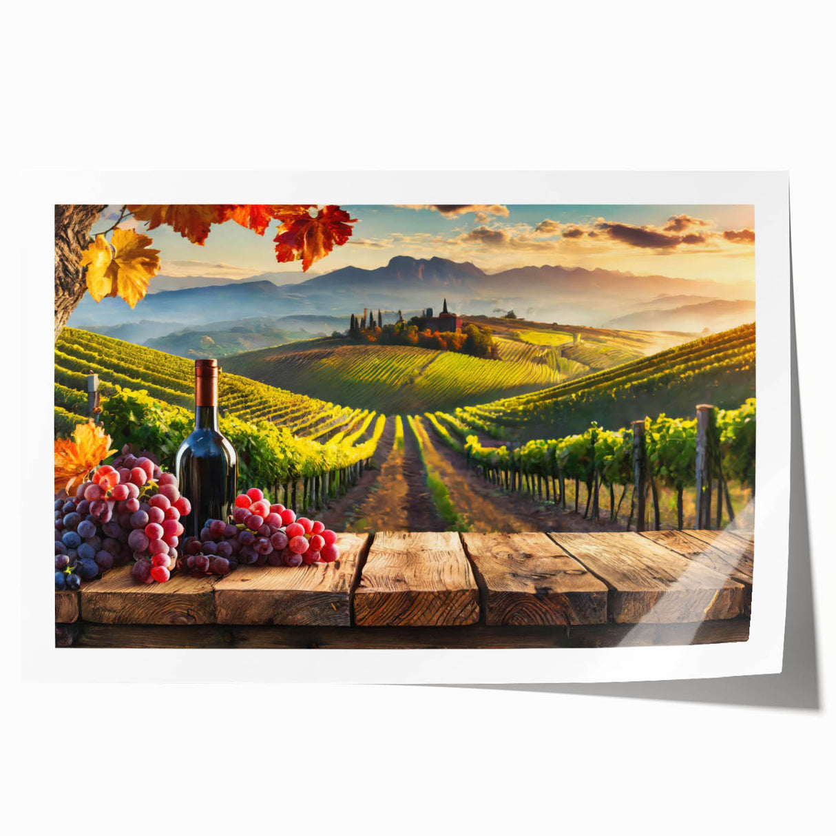 Vibrant vineyard landscape wall art print showcasing lush green grapevines under a bright blue sky, rolled and ready for framing, perfect for home decor enthusiasts.