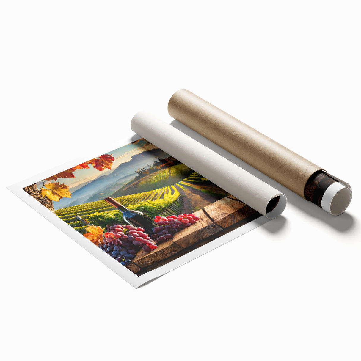 Vibrant rolled print of a vineyard landscape design, showcasing lush green vines and rolling hills under a bright blue sky, perfect for home decor.