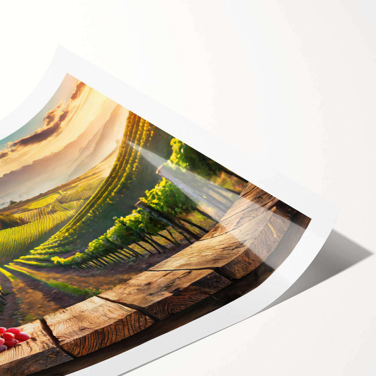 Vibrant vineyard landscape wall art print showcasing lush green grapevines under a clear blue sky, rolled for easy transportation and display. Ideal for home decor enthusiasts.