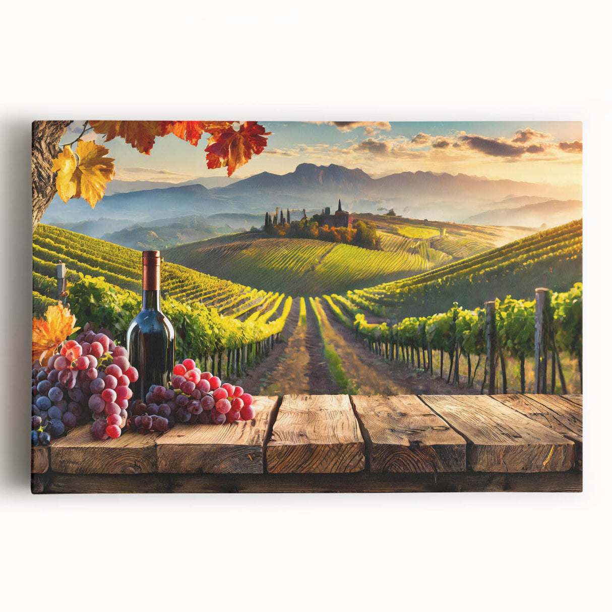 Stretched canvas wall art showcasing a vibrant vineyard landscape design, featuring lush green vines and rolling hills under a clear blue sky, ideal for home decor.