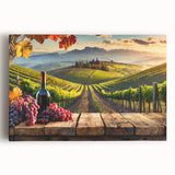 Stretched canvas wall art showcasing a vibrant vineyard landscape design, featuring lush green vines and rolling hills under a clear blue sky, ideal for home decor.