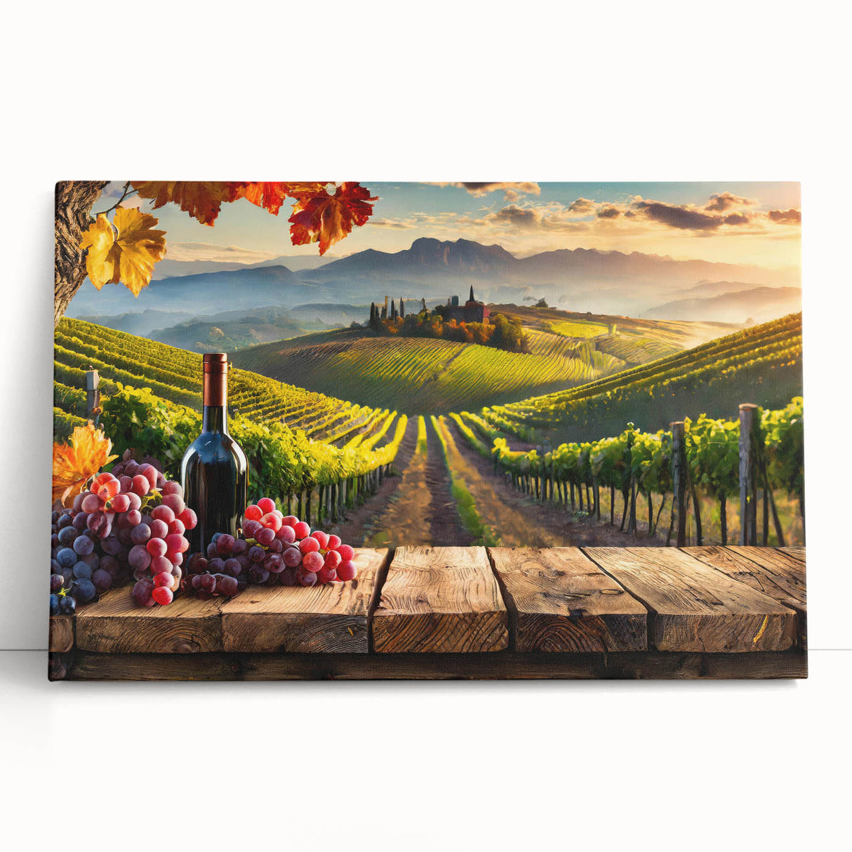 Vibrant stretched canvas wall art featuring a serene vineyard landscape design with lush green vines and rolling hills, ideal for home decor and art enthusiasts.