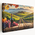 Stretched canvas artwork showcasing a serene vineyard landscape in rich green tones, ideal for adding elegance to home decor. Perfect for wine enthusiasts and nature lovers.