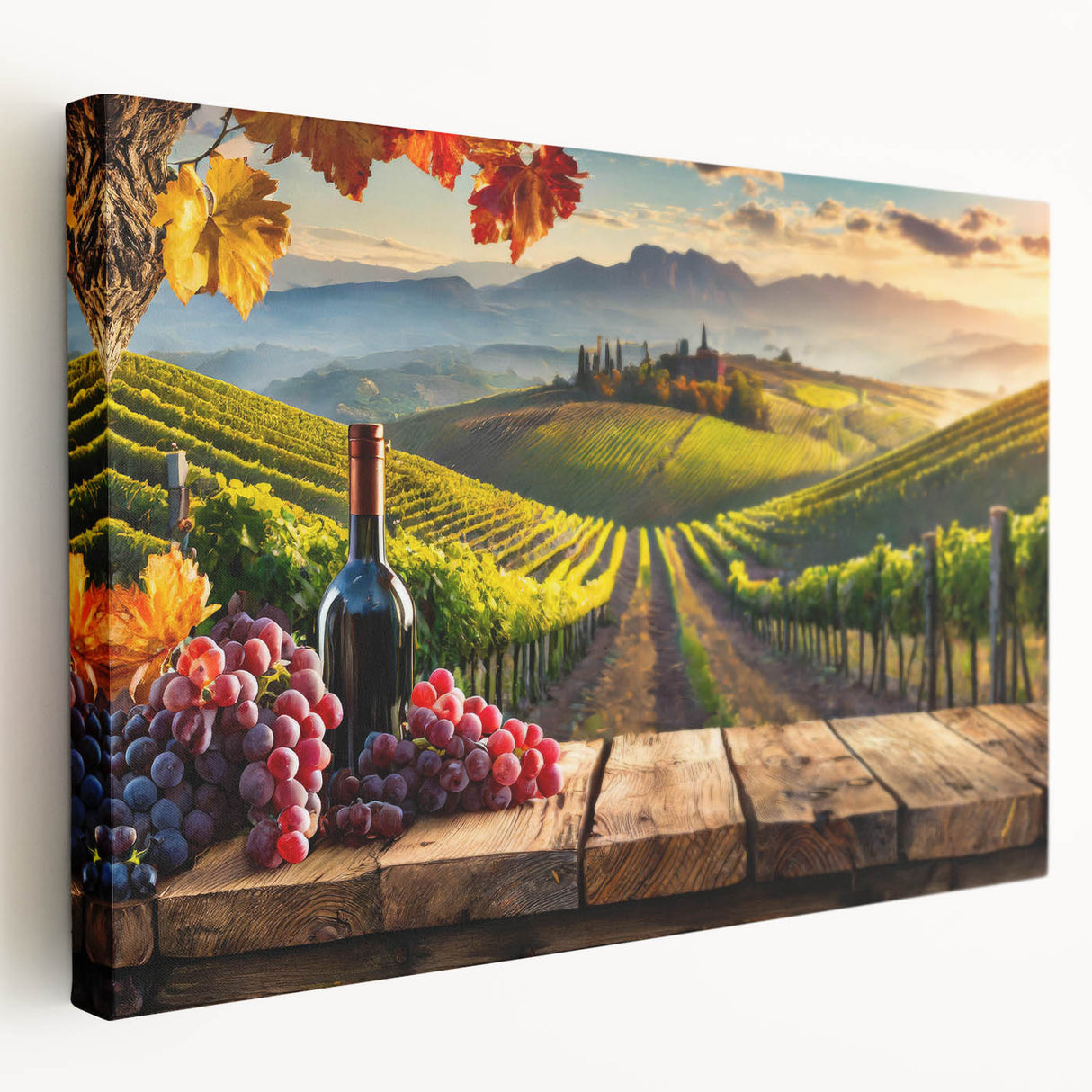 Stretched canvas artwork showcasing a serene vineyard landscape in rich green tones, ideal for adding elegance to home decor. Perfect for wine enthusiasts and nature lovers.