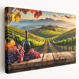 Stretched canvas artwork showcasing a serene vineyard landscape in rich green tones, ideal for adding elegance to home decor. Perfect for wine enthusiasts and nature lovers.