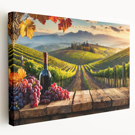 Stretched canvas artwork showcasing a serene vineyard landscape in rich green tones, ideal for adding elegance to home decor. Perfect for wine enthusiasts and nature lovers.
