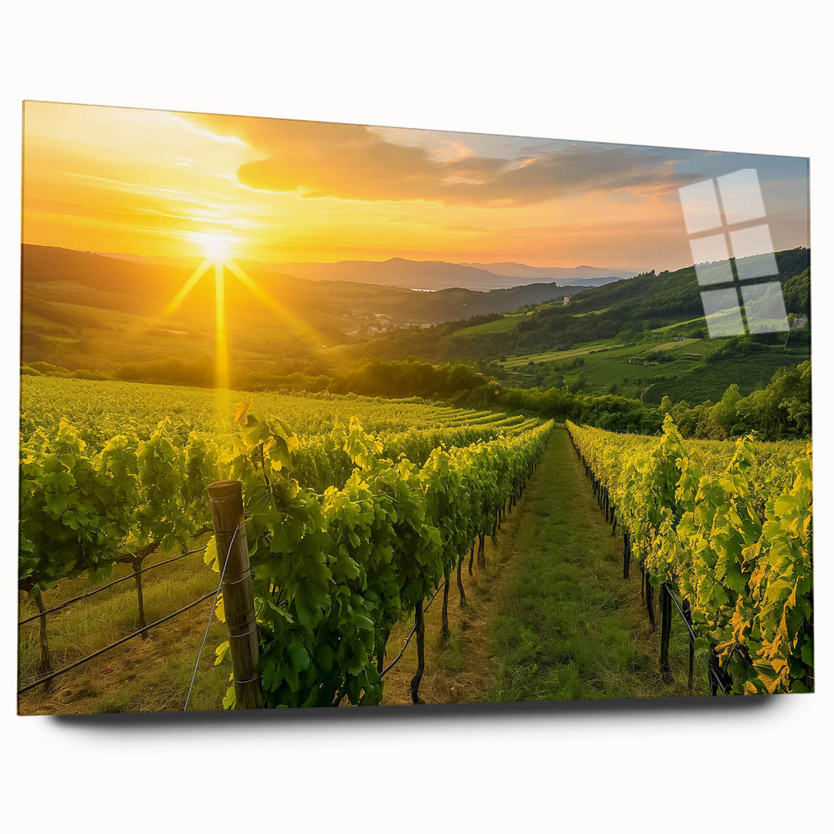 Acrylic glass wall art featuring a vibrant vineyard landscape design, showcasing rich greens and deep blues, ideal for home decor and art enthusiasts. The artwork is presented in a side view without pins, emphasizing its sleek finish and modern appeal.