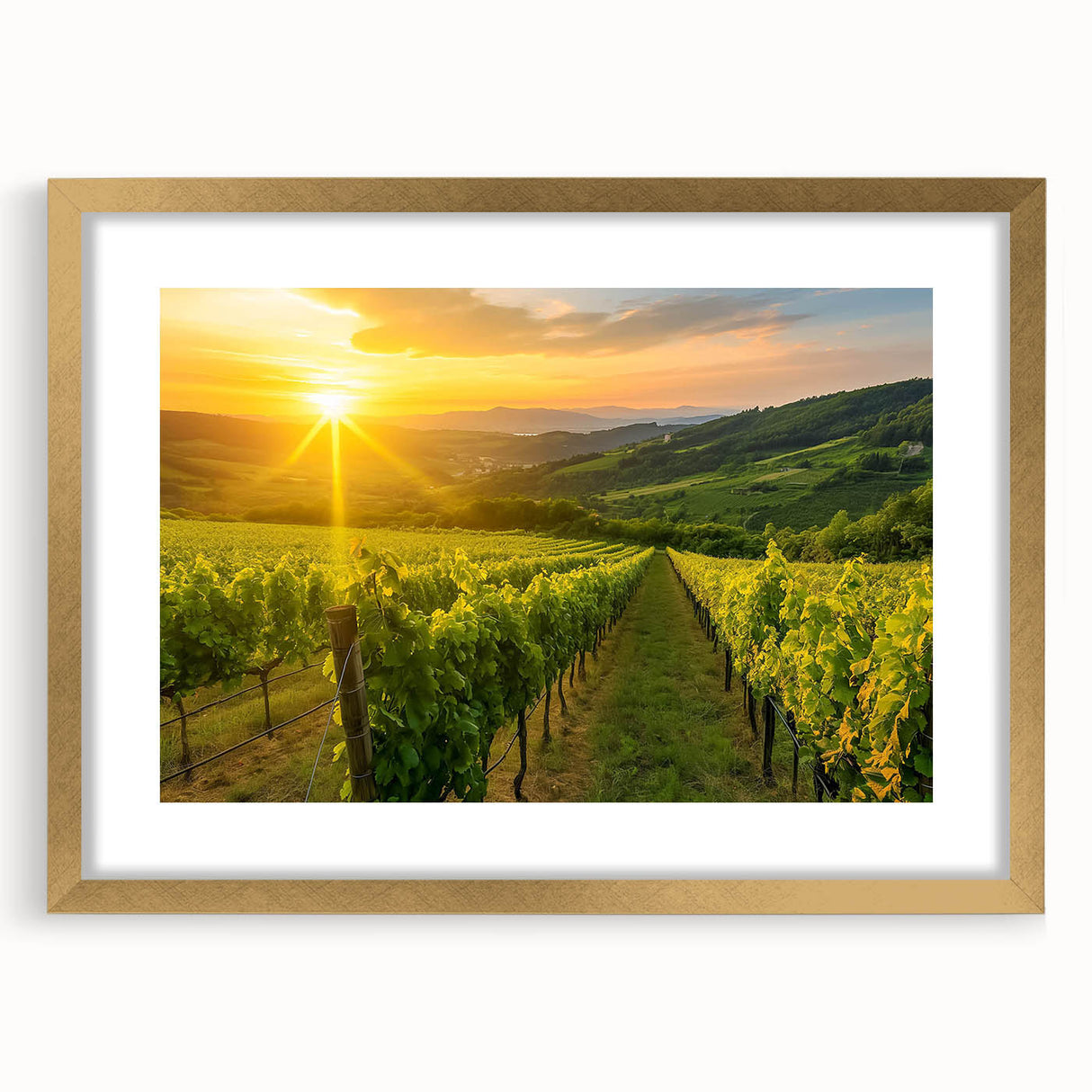 Elegant wall art collection showcasing a vineyard landscape design, framed with a gold mat for a sophisticated touch. Ideal for enhancing home decor with a rustic charm.