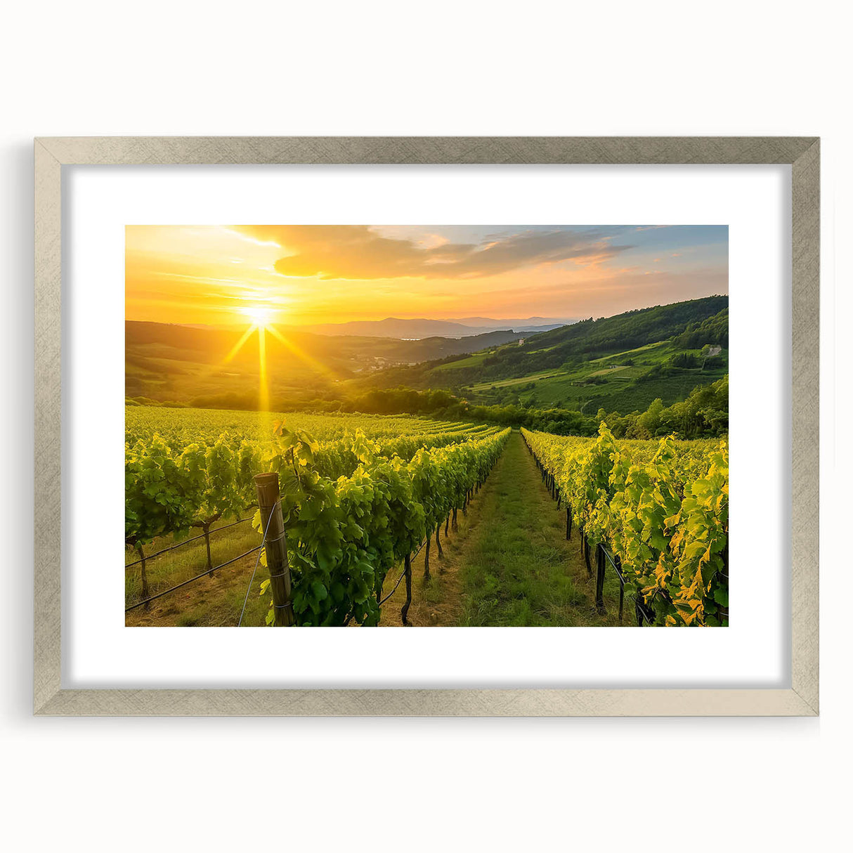 Framed wall art showcasing a picturesque vineyard landscape design, featuring vibrant green grapevines and rolling hills, set in a sleek silver frame with matting for an elegant touch. Ideal for enhancing home decor in wine-themed spaces or dining areas.