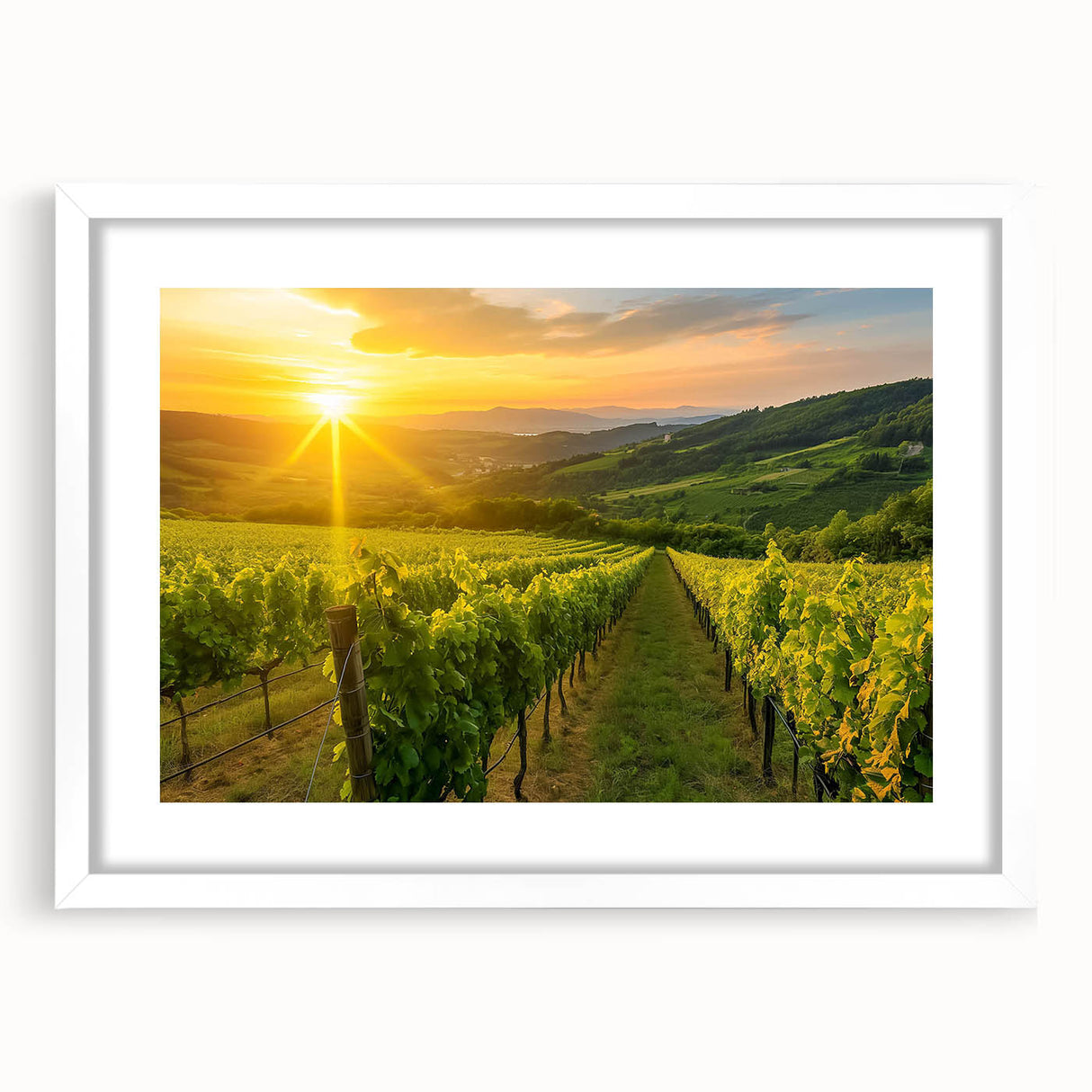 Framed wall art of a picturesque vineyard landscape, featuring vibrant green vines and rolling hills, presented in a sleek white frame with a mat for added elegance. Ideal for enhancing home decor or wine-themed spaces.