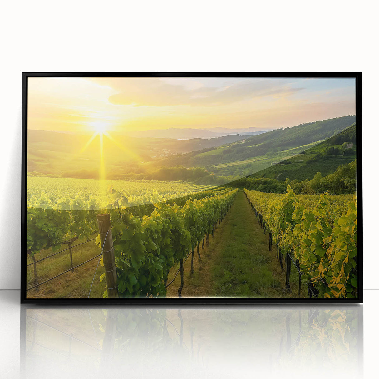 Framed acrylic wall art displaying a picturesque vineyard landscape with lush green vines and a serene sky, set in a sleek black frame for elegant decor.