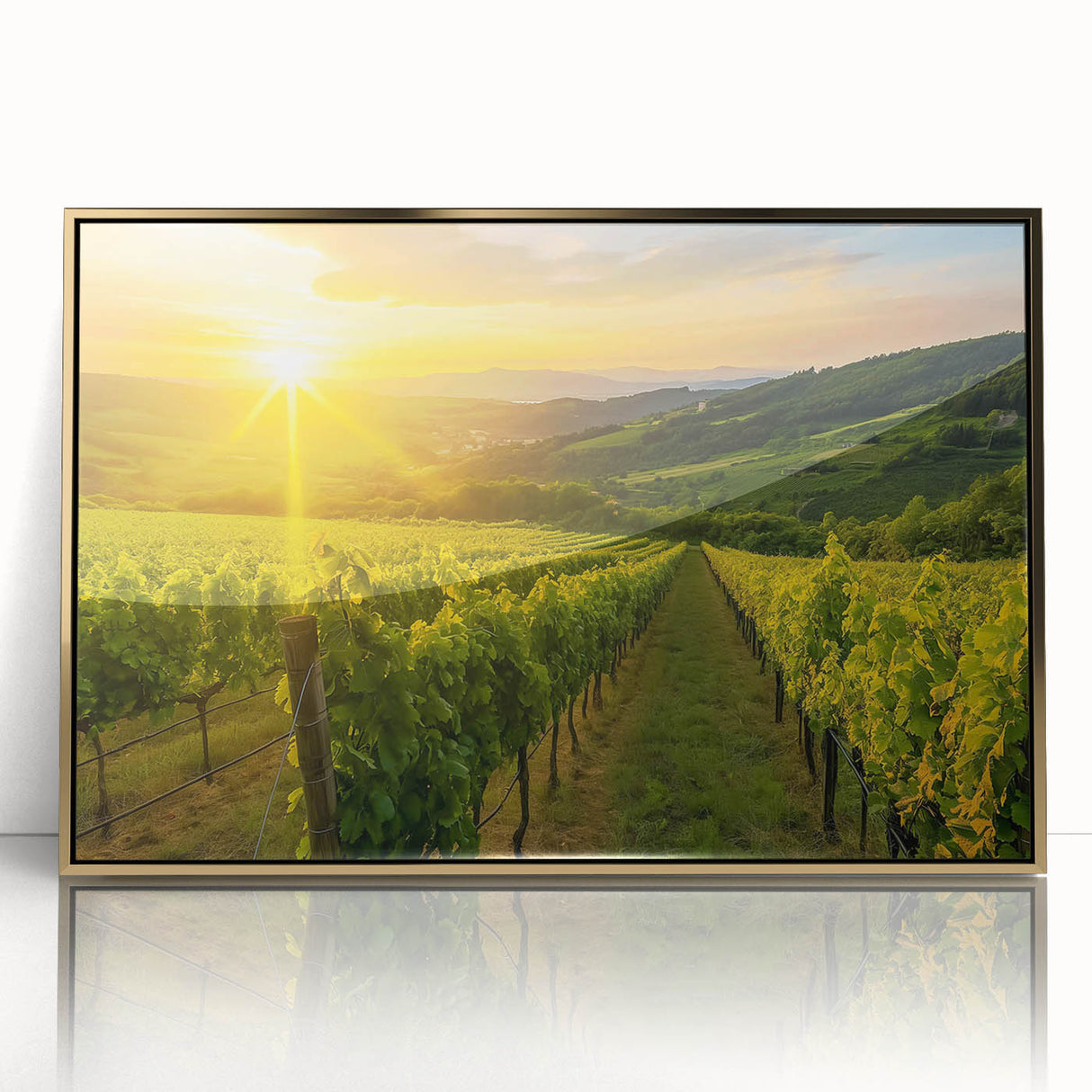 Framed wall art featuring a stunning vineyard landscape design with rich green vines and a golden acrylic front, perfect for enhancing home decor and adding elegance.
