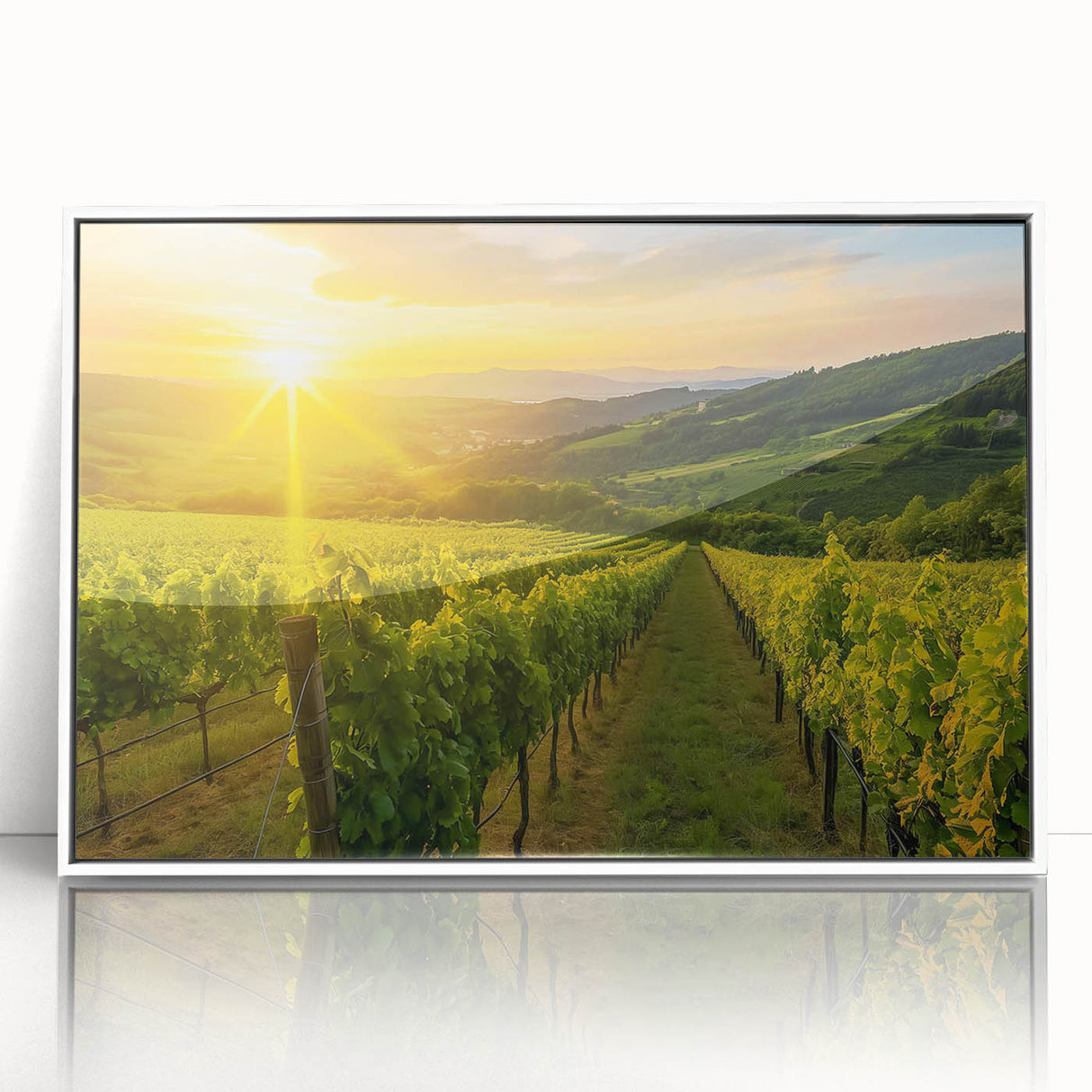 Framed acrylic wall art featuring a stunning vineyard landscape design, showcasing vibrant green grapevines and rolling hills, perfect for enhancing home decor.