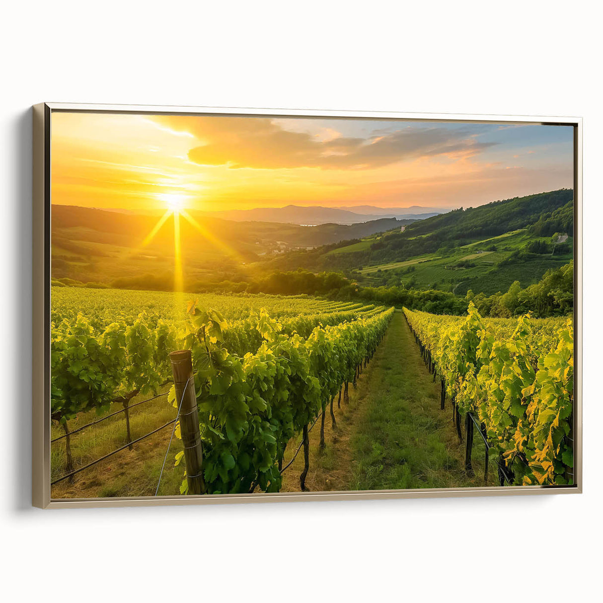 Framed canvas wall art showcasing a vibrant vineyard landscape design, featuring lush green vines, golden hues, and a serene atmosphere, ideal for home decor.