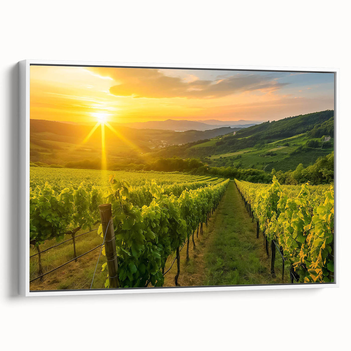 Framed canvas wall art displaying a picturesque vineyard landscape with rolling hills, lush grapevines, and a serene sky, ideal for enhancing home decor.