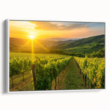 Framed canvas wall art displaying a picturesque vineyard landscape with rolling hills, lush grapevines, and a serene sky, ideal for enhancing home decor.