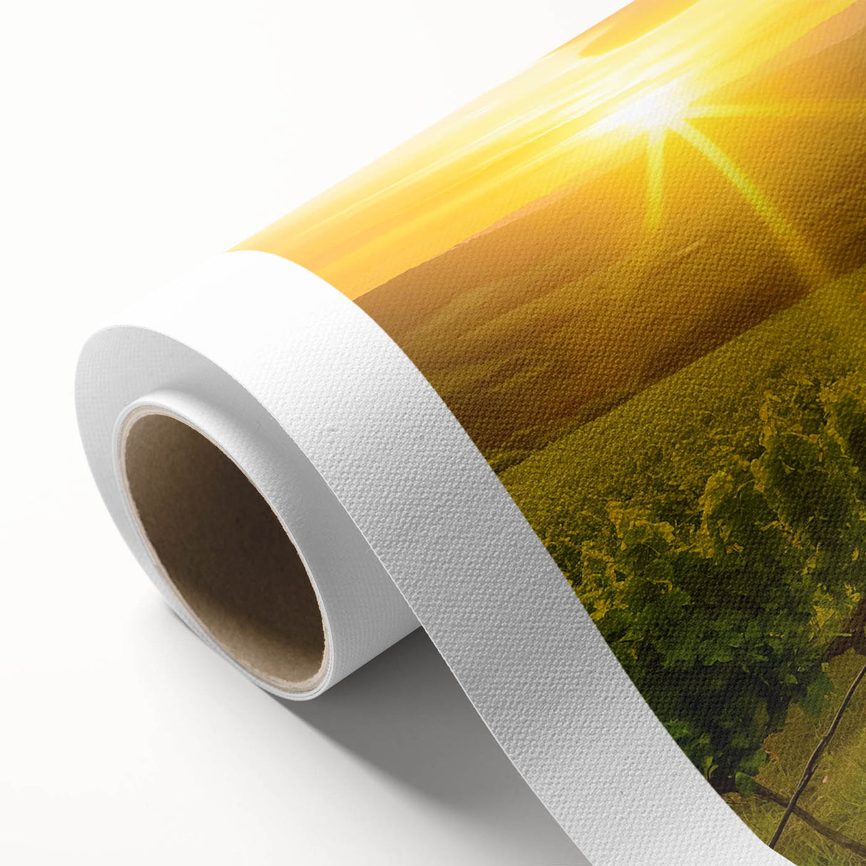 Vibrant rolled canvas wall art showcasing a picturesque vineyard landscape, featuring lush green grapevines under a blue sky, ideal for home decor.