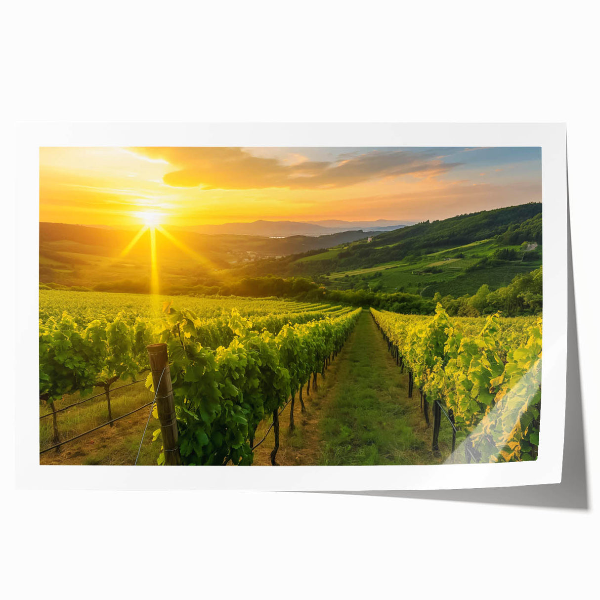 Vibrant rolled wall art print depicting a serene vineyard landscape, showcasing lush green grapevines under a clear blue sky, ideal for home decor.