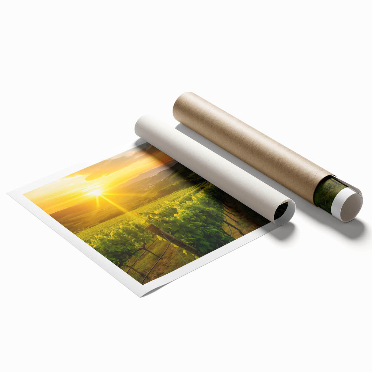 Vibrant vineyard landscape artwork printed on premium quality paper, showcasing lush green hills, grapevines, and a serene sky, perfect for home decor.