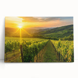 Vibrant stretched canvas wall art showcasing a picturesque vineyard landscape, featuring lush green vines and rolling hills, perfect for enhancing home decor.
