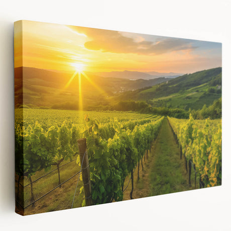 Stretched canvas wall art showcasing a vibrant vineyard landscape design, featuring lush green vines and rolling hills, ideal for home decor. Perfect for wine lovers and nature enthusiasts.