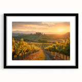 Framed wall art showcasing a vibrant vineyard landscape design, featuring rich green grapevines against a serene sky, with a sleek black frame and mat. Ideal for enhancing home decor or wine-themed spaces.