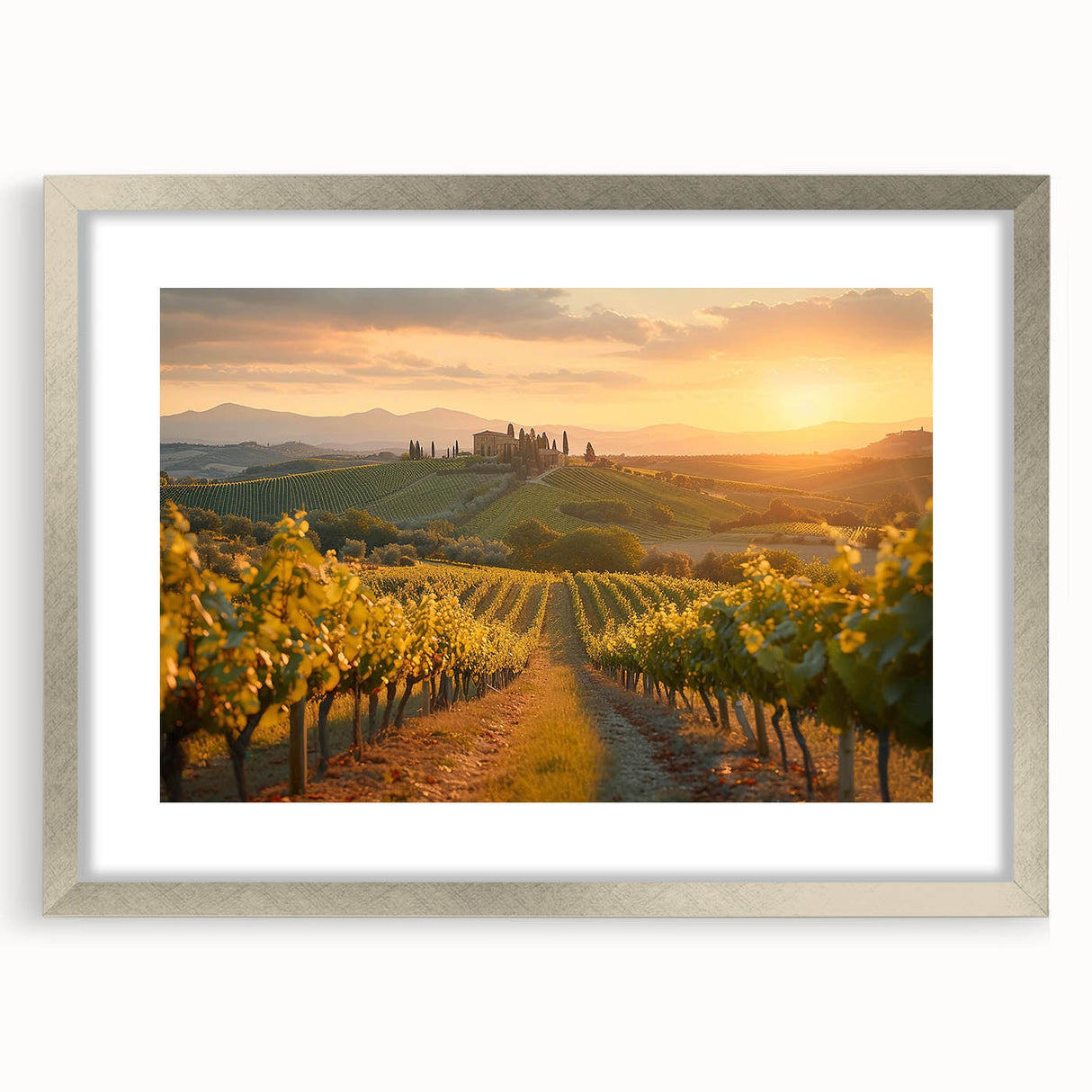Elegant silver-framed wall art showcasing a picturesque vineyard landscape design, complete with a white matting, ideal for enhancing home décor and adding a touch of sophistication.