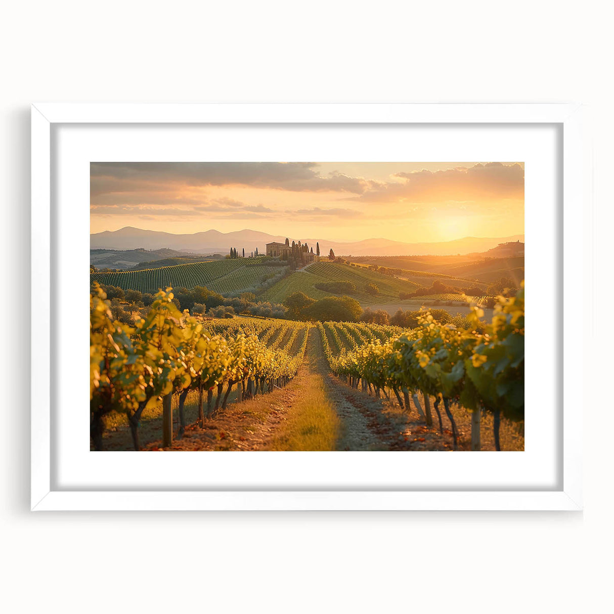 Framed wall art featuring a serene vineyard landscape design in soft pastel colors, elegantly showcased with a white mat and sleek frame, ideal for enhancing home decor.