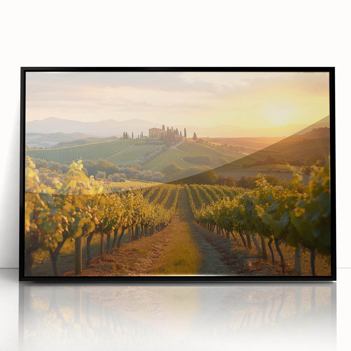 Framed acrylic wall art showcasing a vibrant vineyard landscape design with rich green and golden hues, perfect for enhancing home decor with a touch of nature.