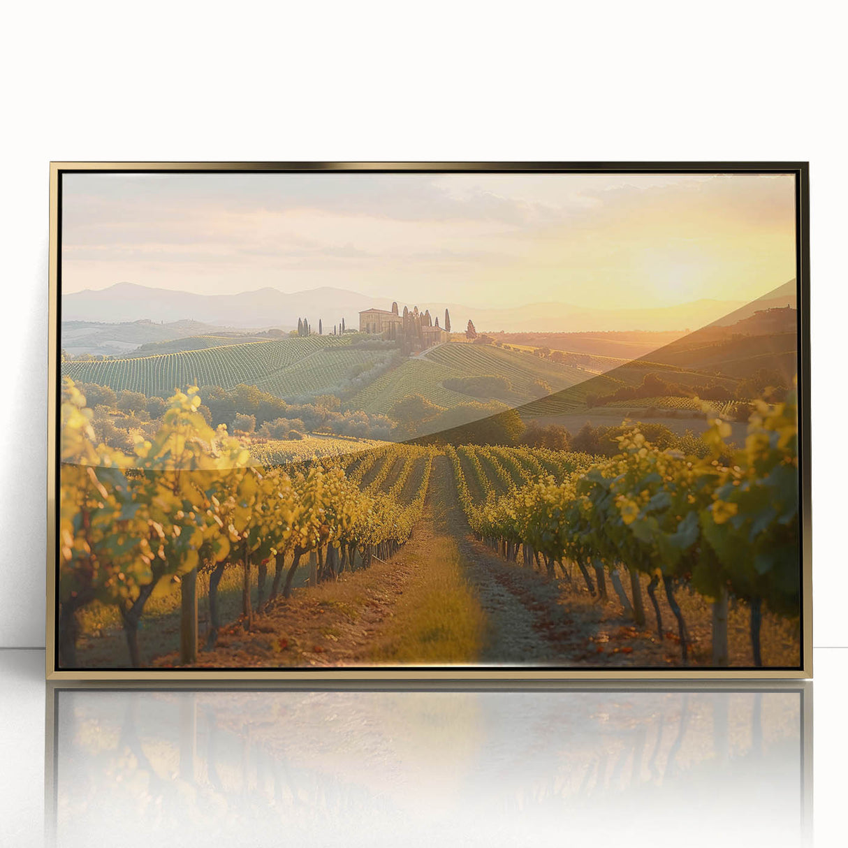 Framed wall art depicting a vibrant vineyard landscape design with gold accents, ideal for enhancing home decor and adding elegance to any room.