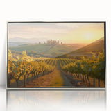 Framed acrylic wall art featuring a stunning vineyard landscape design, showcasing rich green vines and rolling hills, elegantly presented with a silver frame.