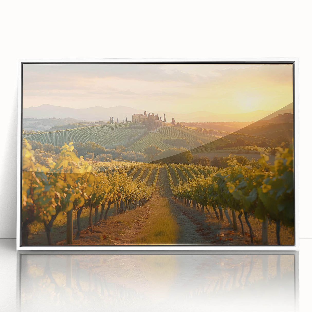 Framed acrylic wall art featuring a beautiful vineyard landscape design, showcasing lush green vines and rolling hills, ideal for enhancing home decor and creating a serene atmosphere.