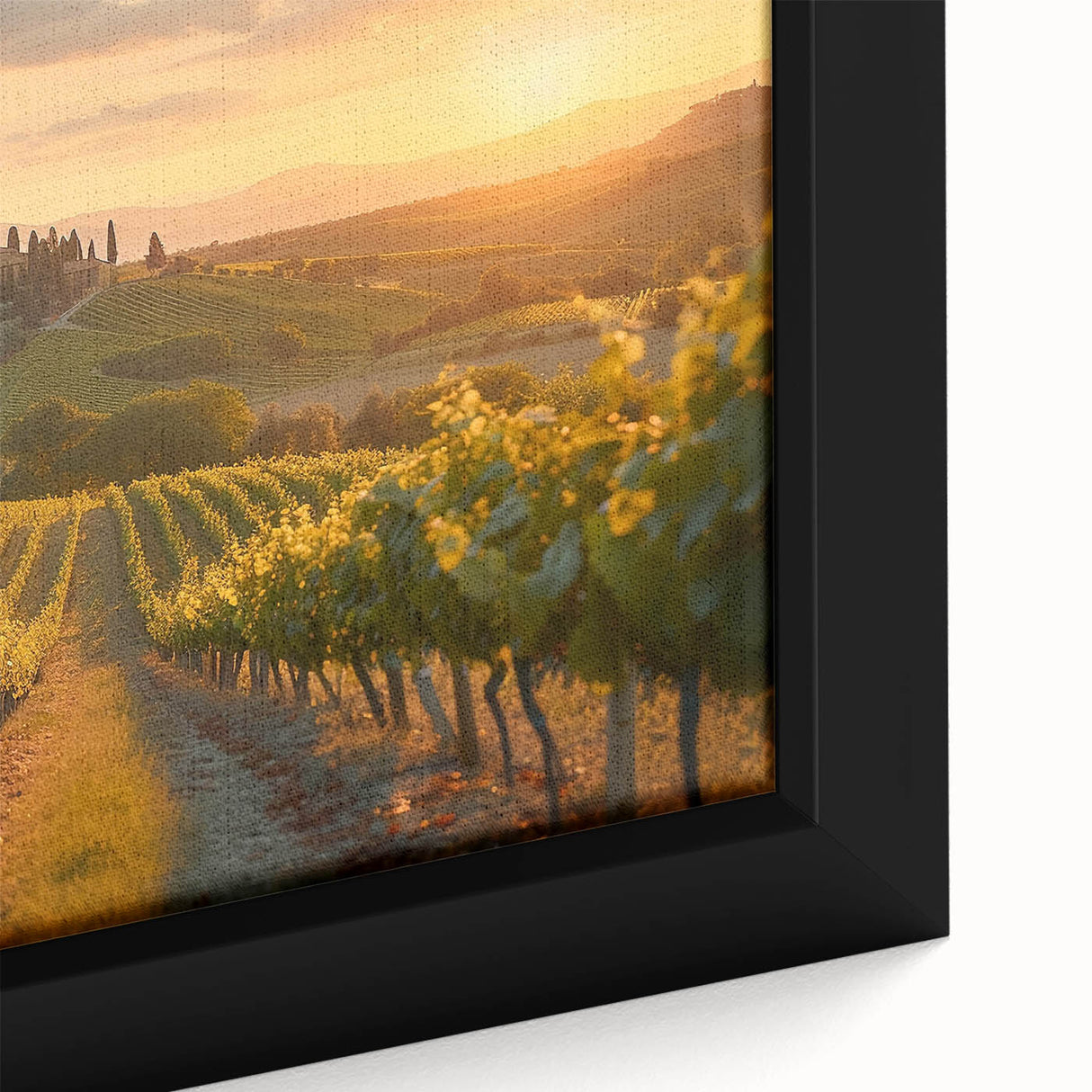 Framed canvas wall art showcasing a vibrant vineyard landscape design, featuring lush green grapevines and rolling hills, ideal for enhancing home decor.