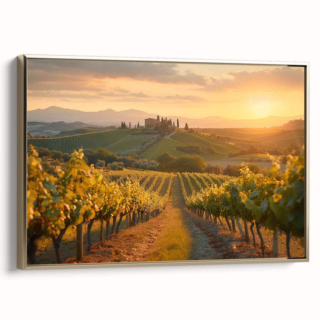 Framed canvas wall art showcasing a serene vineyard landscape design with golden accents, perfect for adding elegance to home decor. The artwork features lush green vines under a bright sky, enhancing any living space.