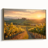 Framed canvas wall art showcasing a serene vineyard landscape design with golden accents, perfect for adding elegance to home decor. The artwork features lush green vines under a bright sky, enhancing any living space.