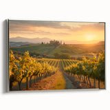 Framed canvas wall art showcasing a picturesque vineyard landscape design in silver tones, highlighting lush green vines and rolling hills, perfect for home decor.