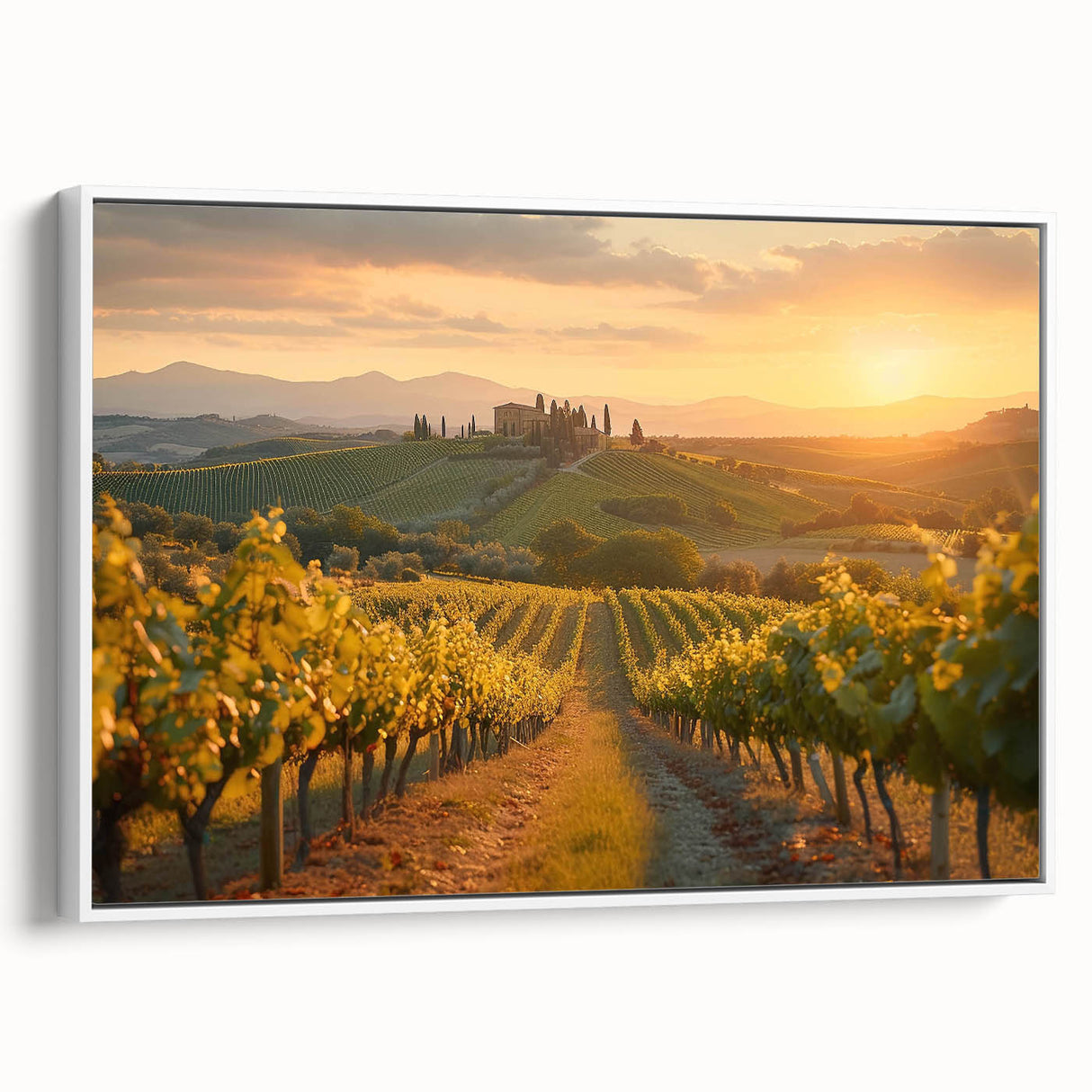 Framed canvas wall art depicting a serene vineyard landscape, showcasing lush green vines and rolling hills against a bright blue sky, ideal for home decor.
