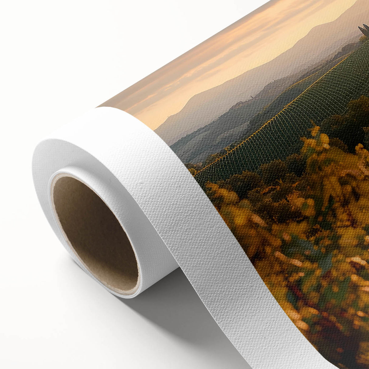 Vibrant rolled canvas wall art showcasing a picturesque vineyard landscape, featuring lush green hills and a serene sky, perfect for enhancing home decor.