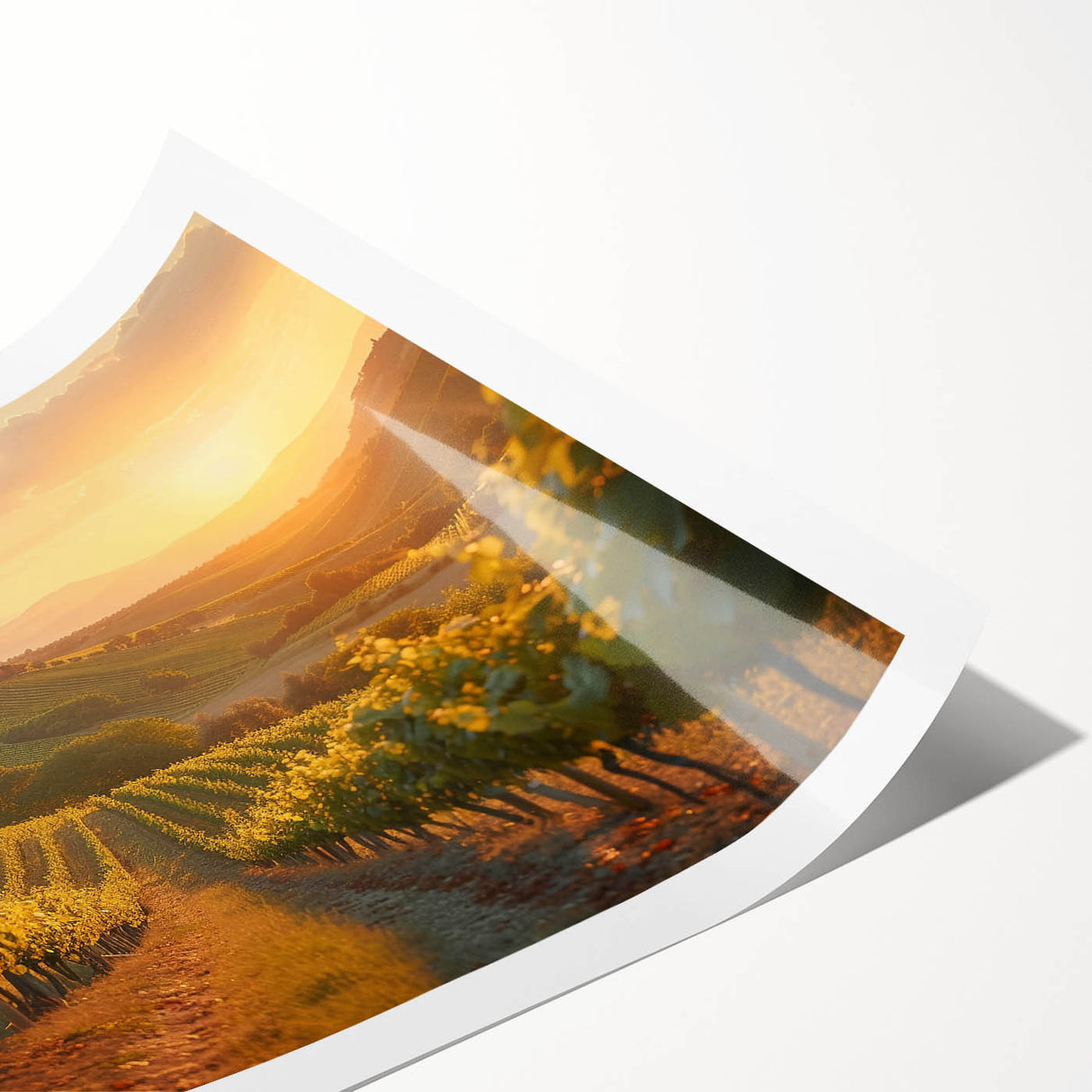 Vibrant rolled print of a vineyard landscape design showcasing lush green vines against a serene sky, perfect for enhancing home decor with nature-inspired art.