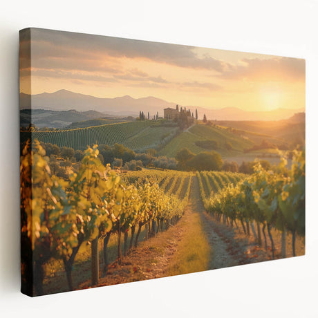 Stretched canvas wall art showcasing a vibrant vineyard landscape design, featuring lush green vines and rolling hills, perfect for home decor enthusiasts.