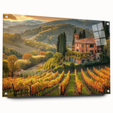 Acrylic glass wall art showcasing a vibrant vineyard landscape design, featuring rich green vines and rolling hills, elegantly displayed from a side view with visible mounting pins. Perfect for enhancing home decor with a touch of nature's beauty.