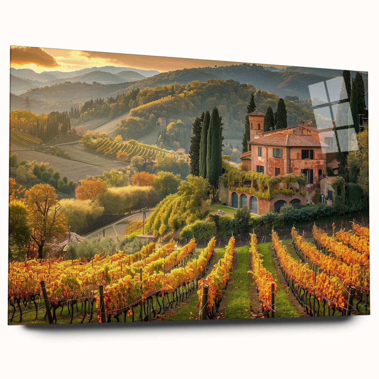 Acrylic glass wall art collection showcasing a vibrant vineyard landscape design, viewed from the side. The artwork features rich colors and intricate details, ideal for enhancing home decor. Perfect for wine enthusiasts and nature lovers.