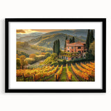 Framed wall art featuring a serene vineyard landscape design, showcasing lush green grapevines and rolling hills, presented in a sleek black frame with a mat.