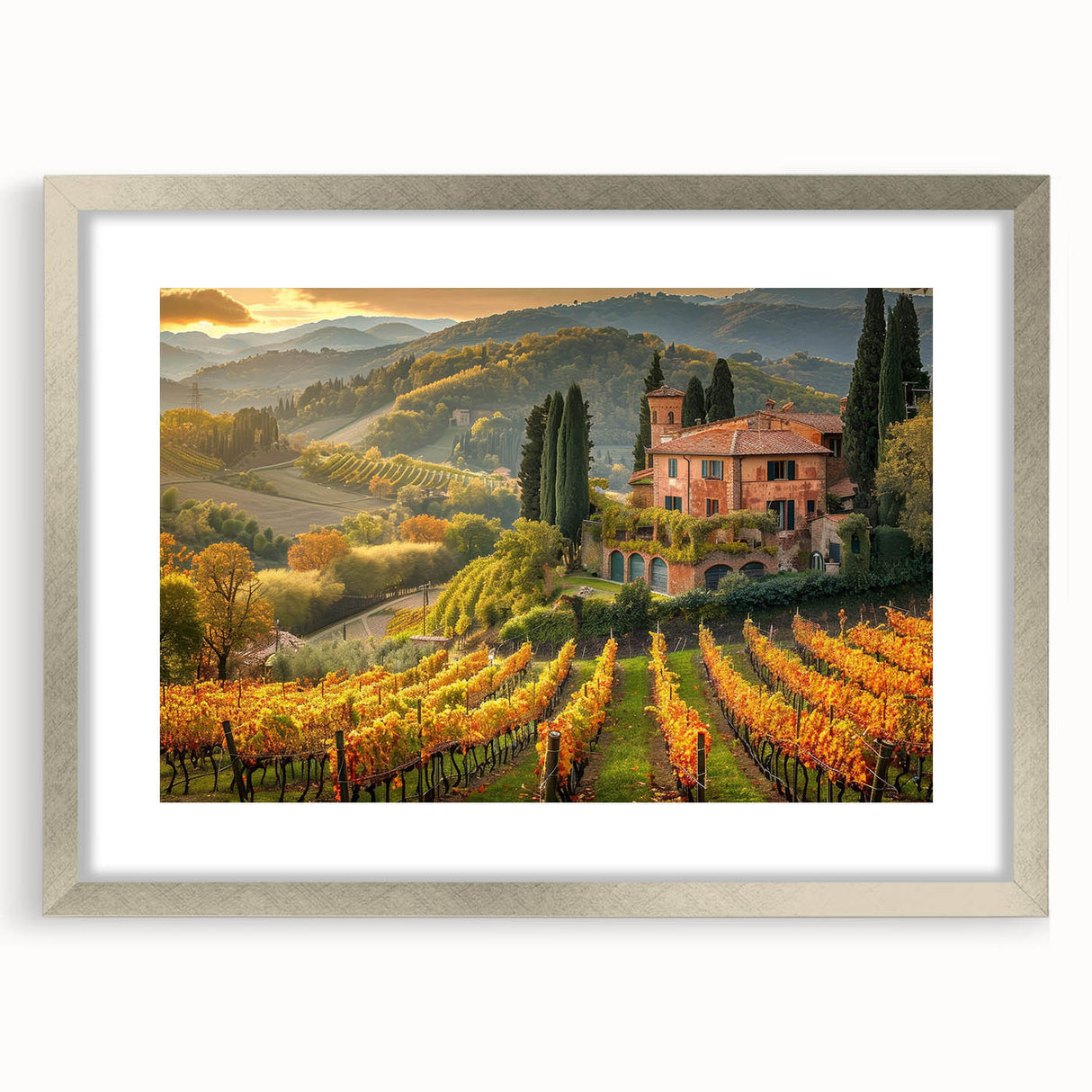 Framed silver wall art showcasing a picturesque vineyard landscape, designed to enhance home décor with its vibrant colors and elegant matting. Perfect for wine enthusiasts.