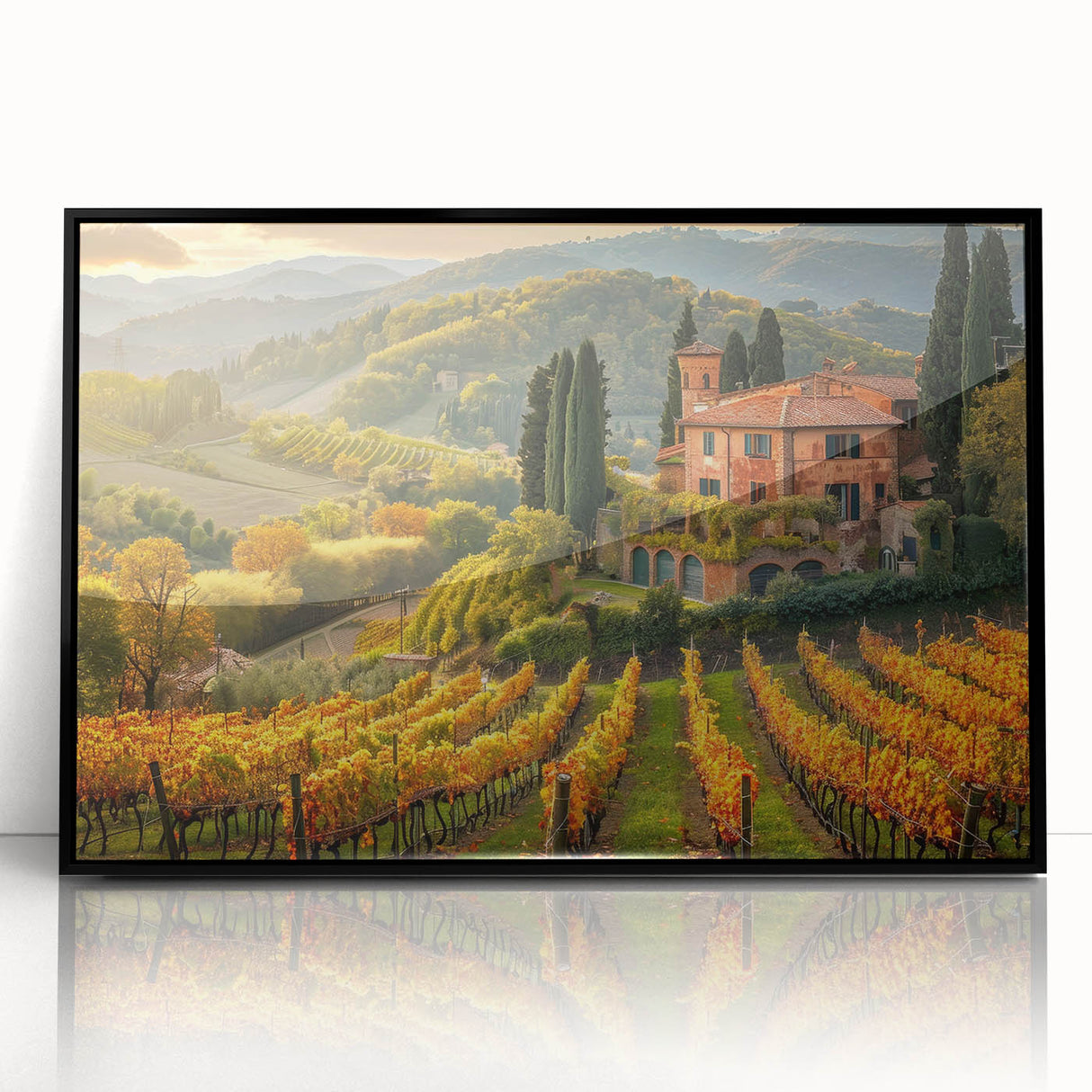 Framed acrylic wall art showcasing a vibrant vineyard landscape design with rich green vines and a clear blue sky, perfect for enhancing home decor.
