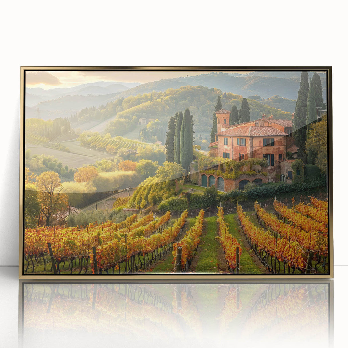 Framed wall art depicting a vibrant vineyard landscape design, showcasing rich green vines and a golden frame, perfect for enhancing home decor.