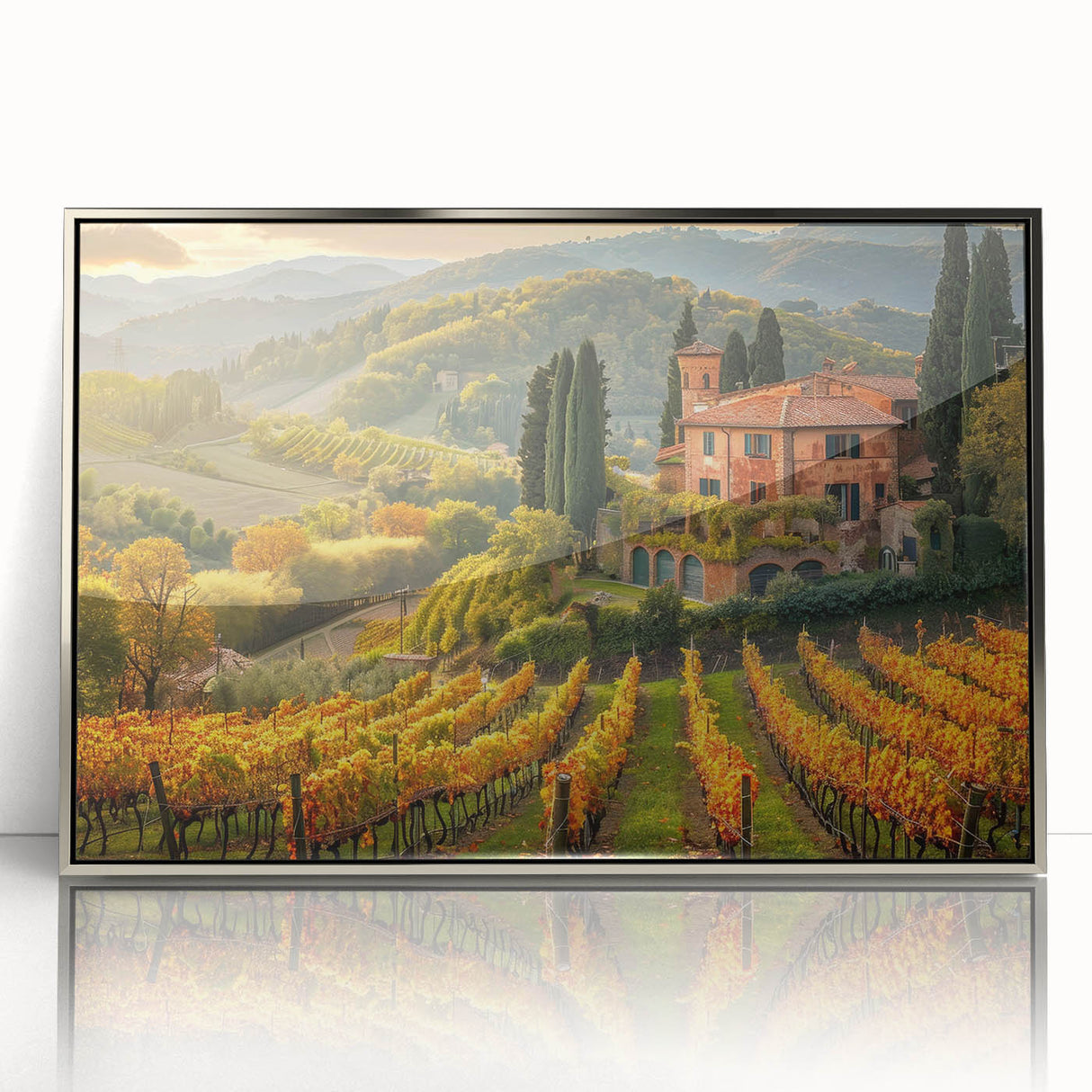 Framed acrylic wall art showcasing a picturesque vineyard landscape, featuring vibrant green vines and a serene blue sky, perfect for home decor.
